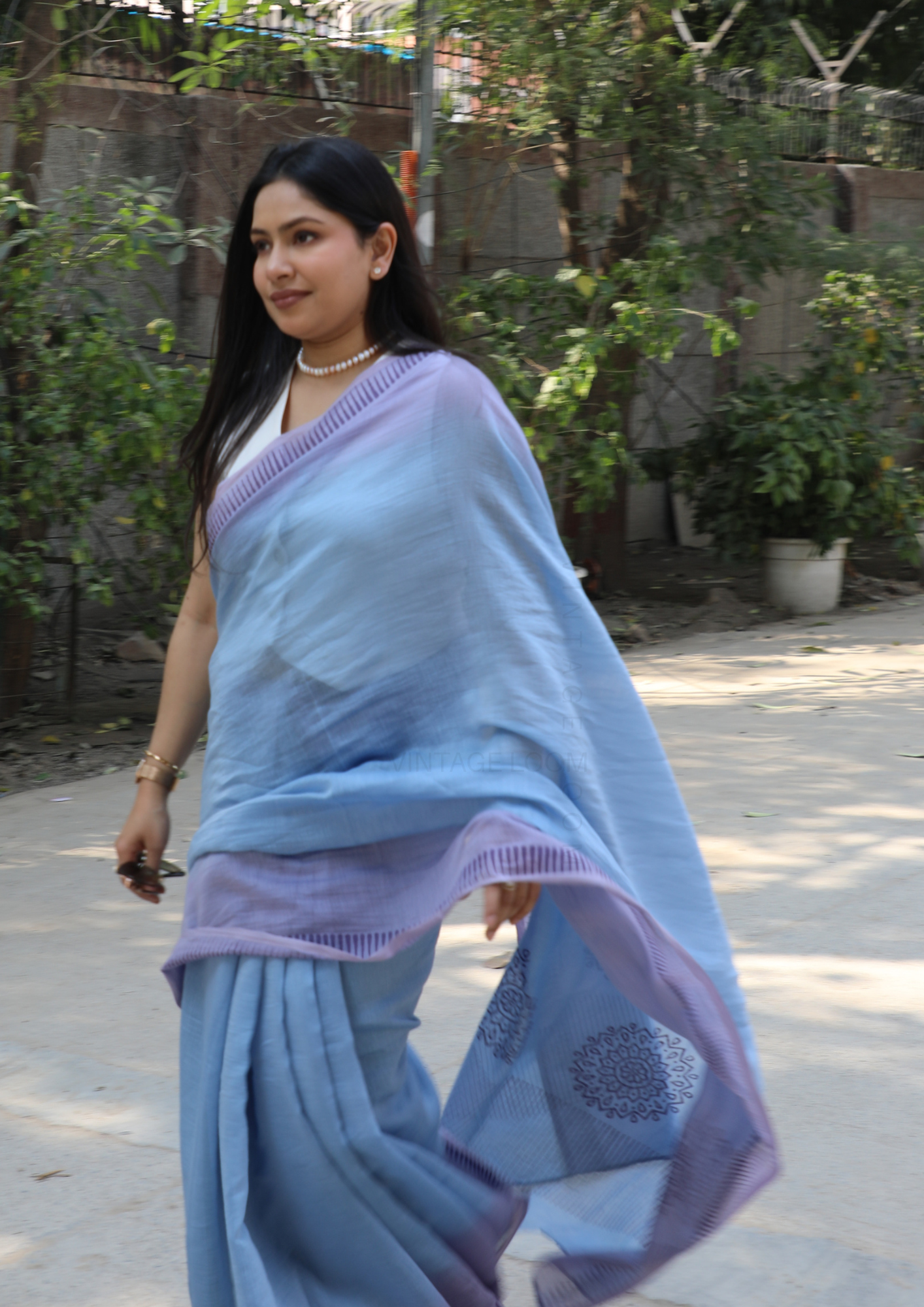 Periwinkle Blue Chanderi Silk Hand-block Printed Saree