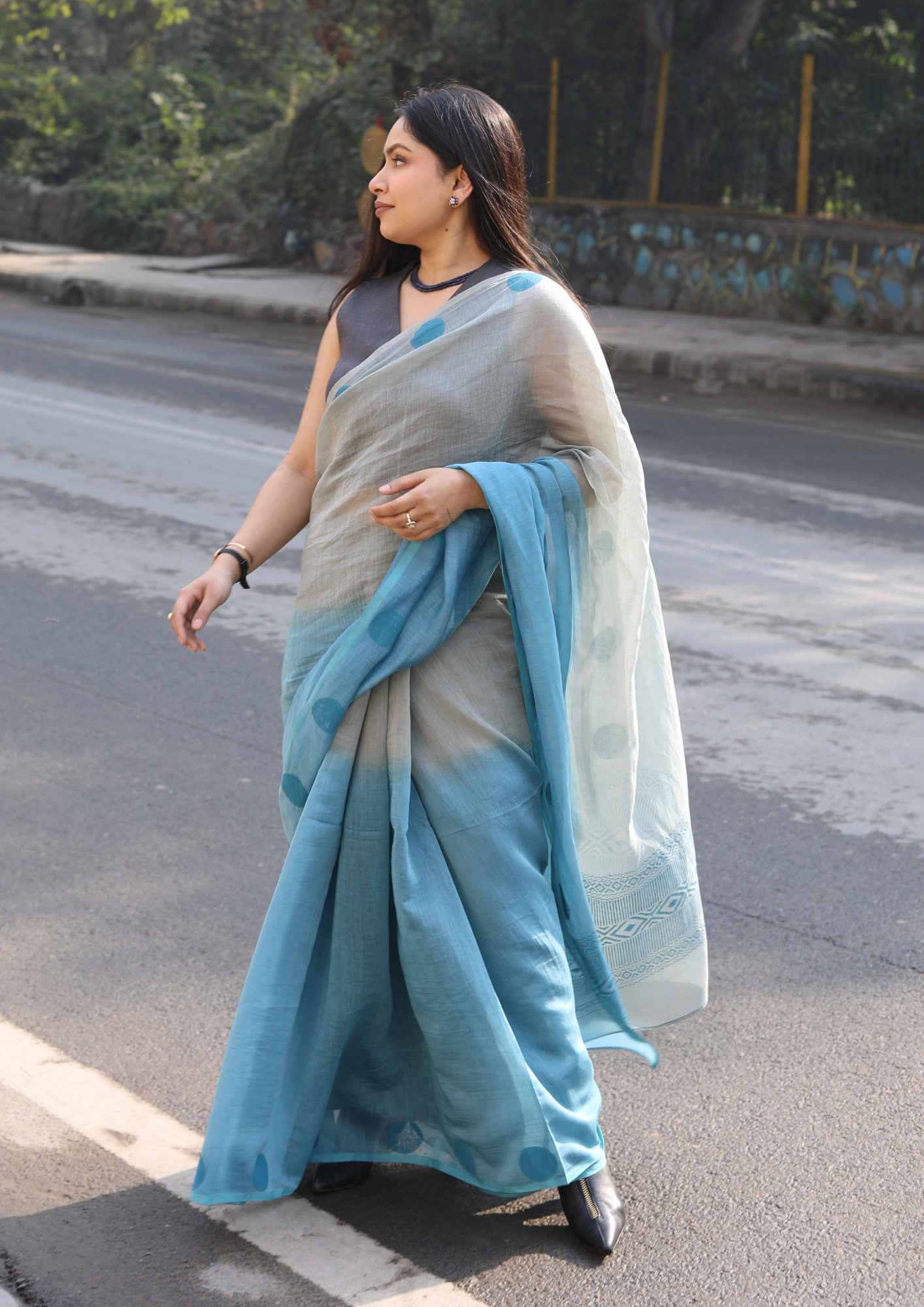 Smokey Teal Chanderi Silk Hand-block Printed Saree