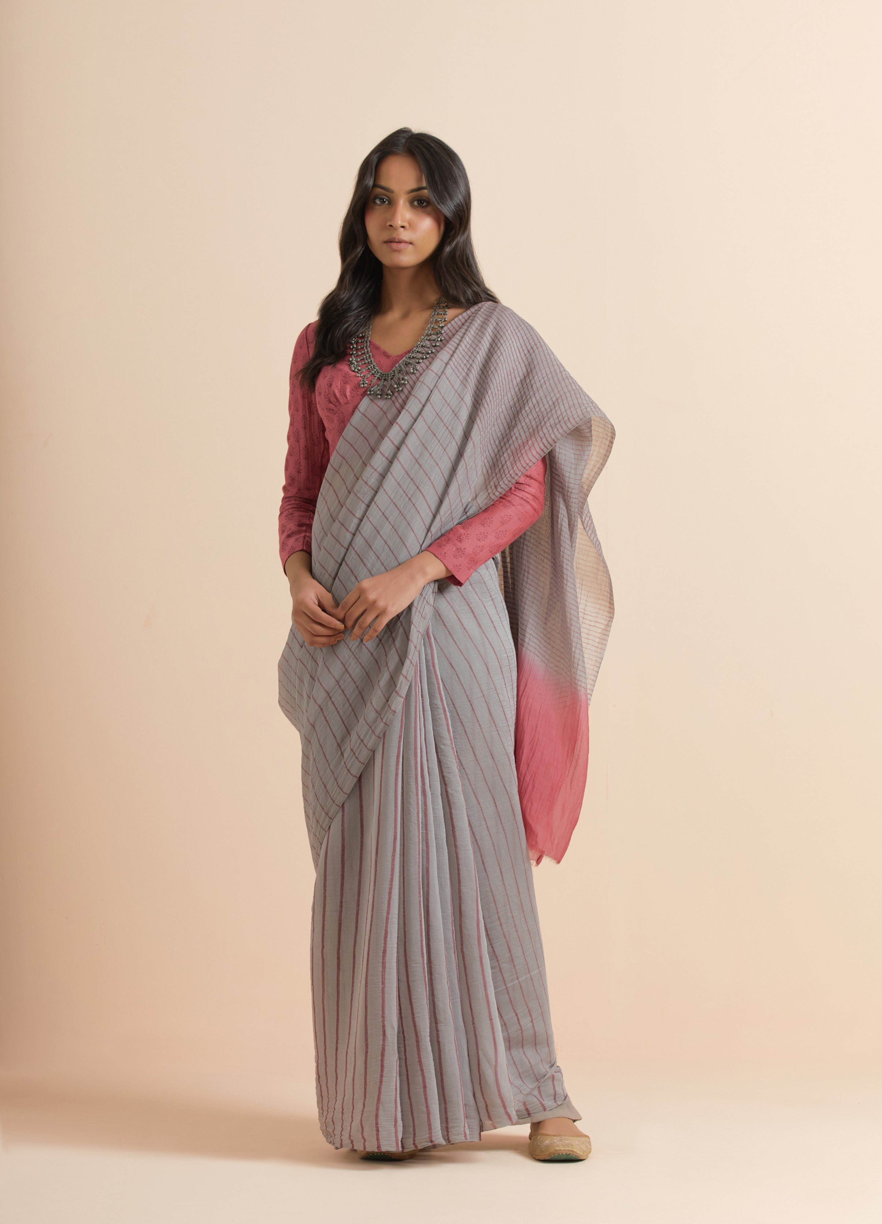 Smoke Grey Chanderi Silk Handblock Printed Saree
