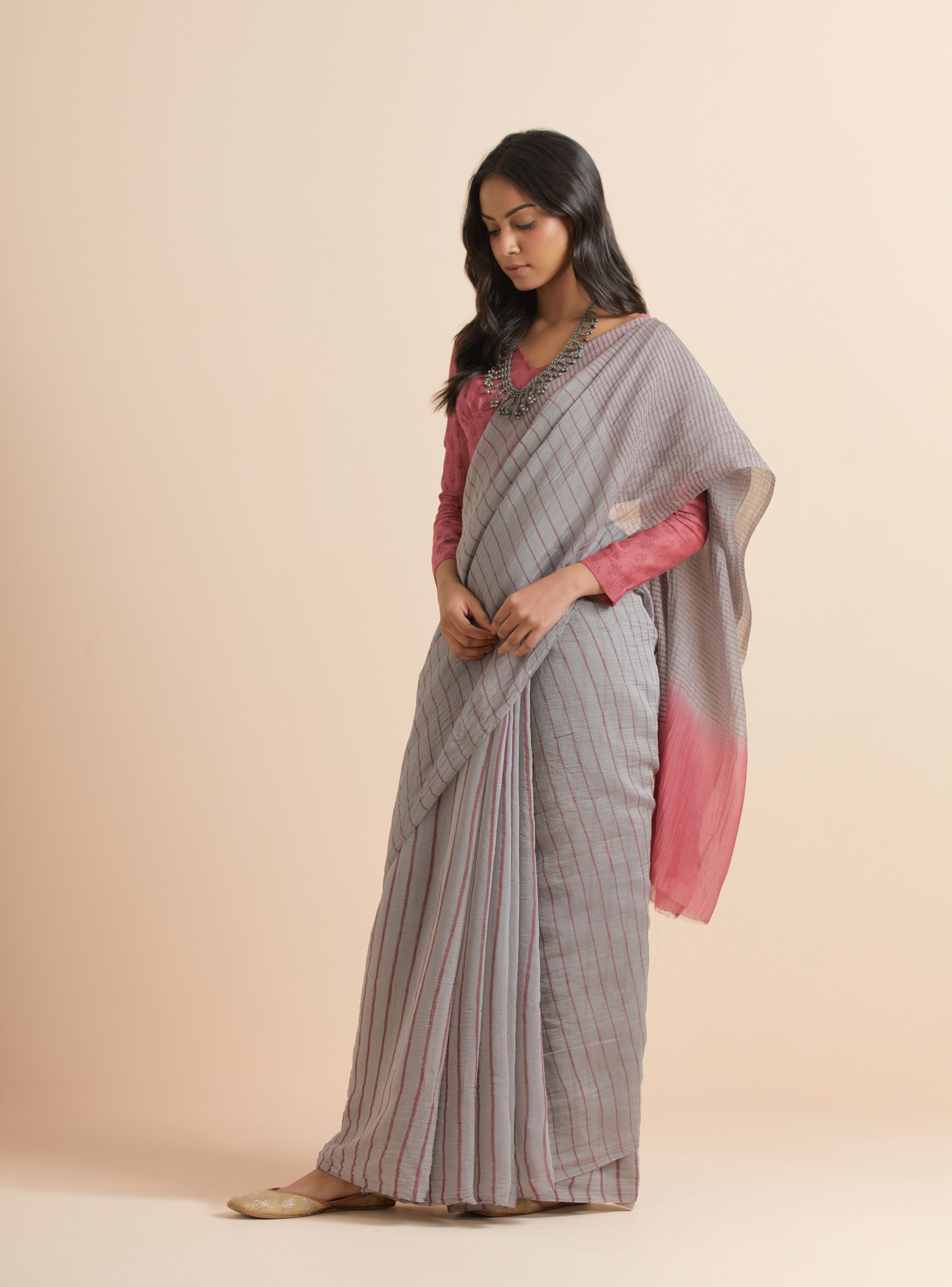 Smoke Grey Chanderi Silk Handblock Printed Saree