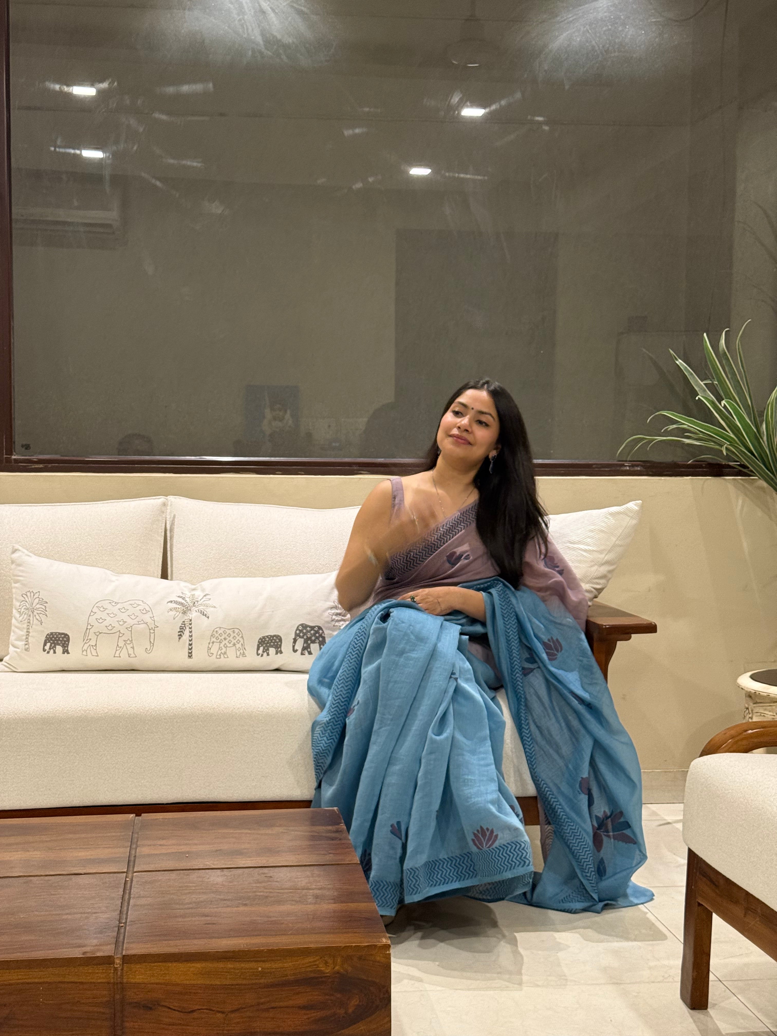 Ocean Blue Chanderi Silk Hand-block Printed Saree