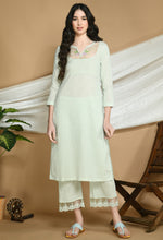 Load image into Gallery viewer, Powder Green Self Striped Cotton Kurta and Pants.

