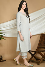 Load image into Gallery viewer, Grey Self Striped Cotton Kurta and Pants.
