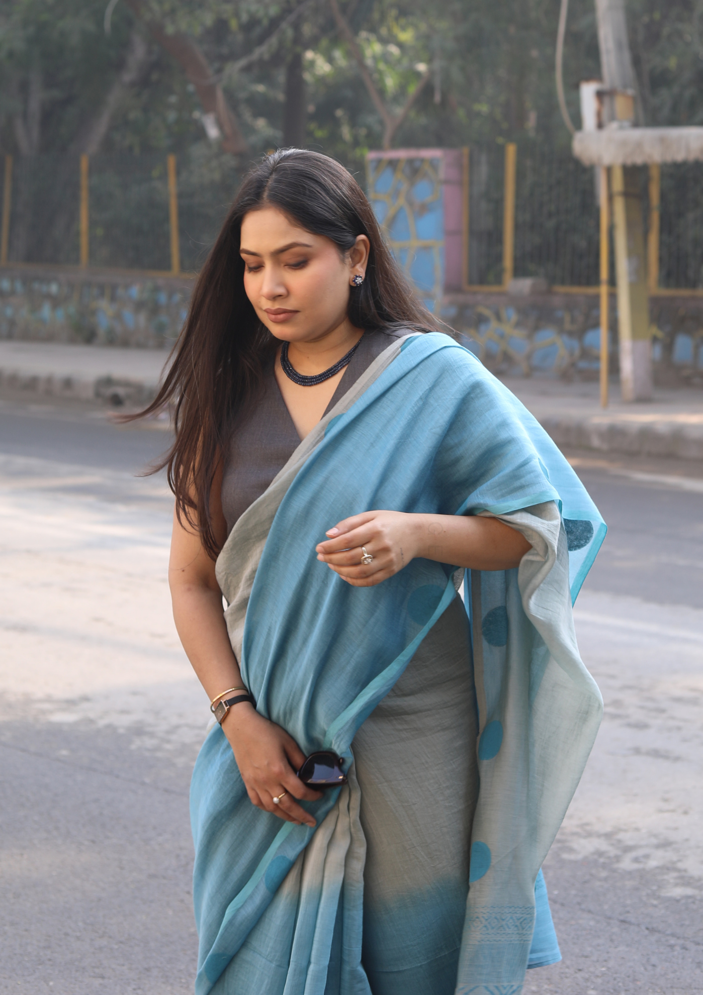 Smokey Teal Chanderi Silk Hand-block Printed Saree
