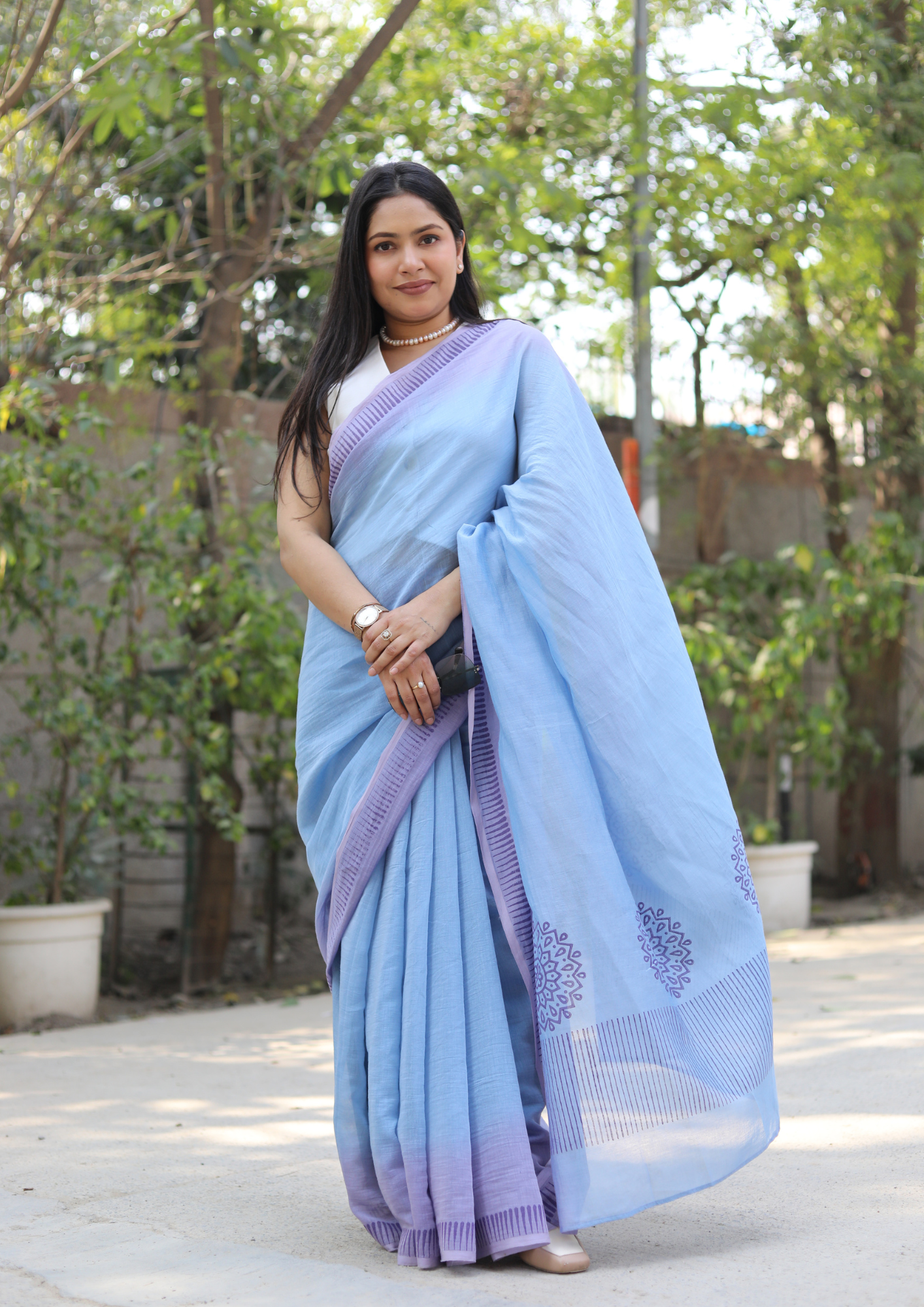Periwinkle Blue Chanderi Silk Hand-block Printed Saree
