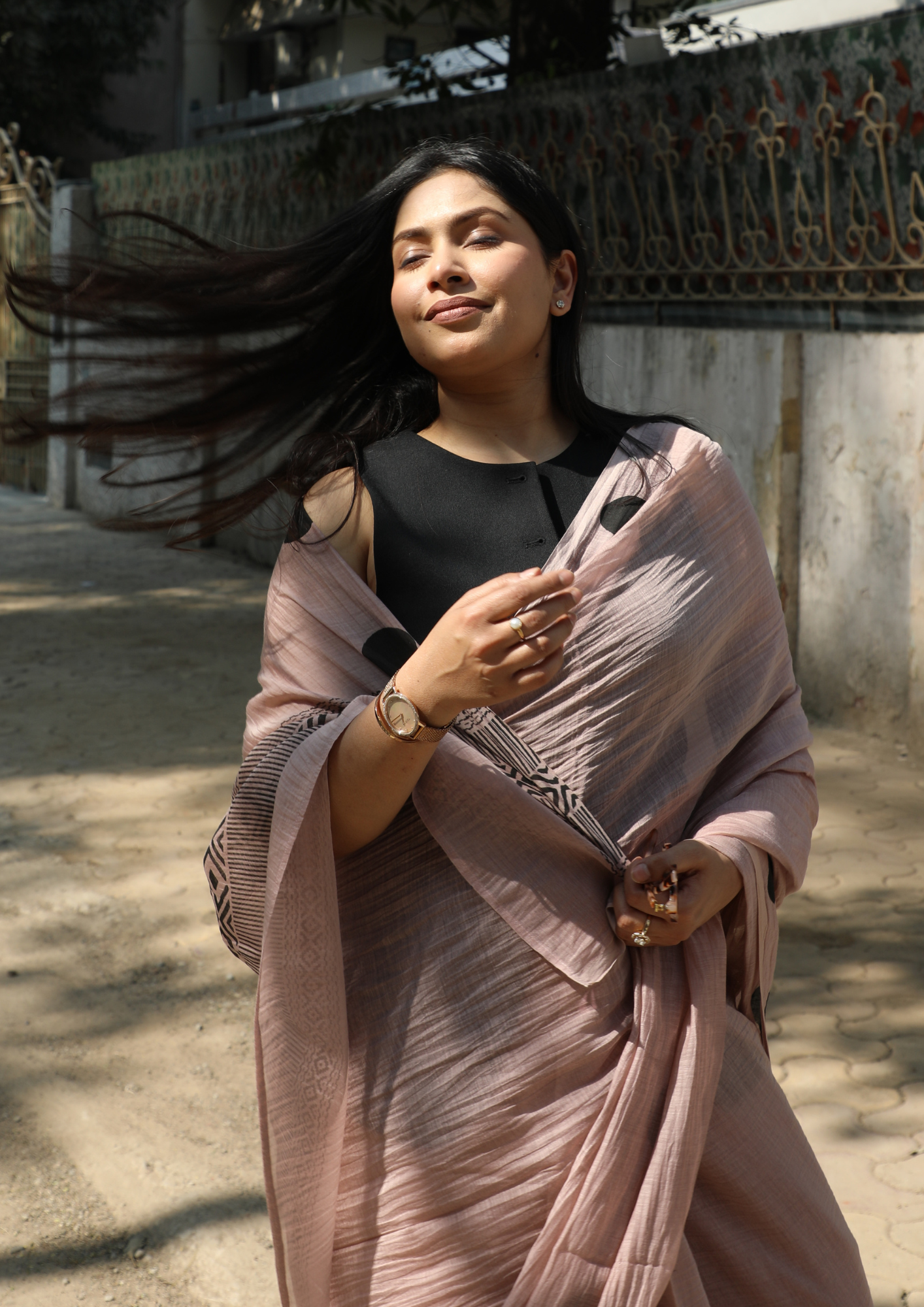 Old Rose Chanderi Silk Hand-block Printed Saree
