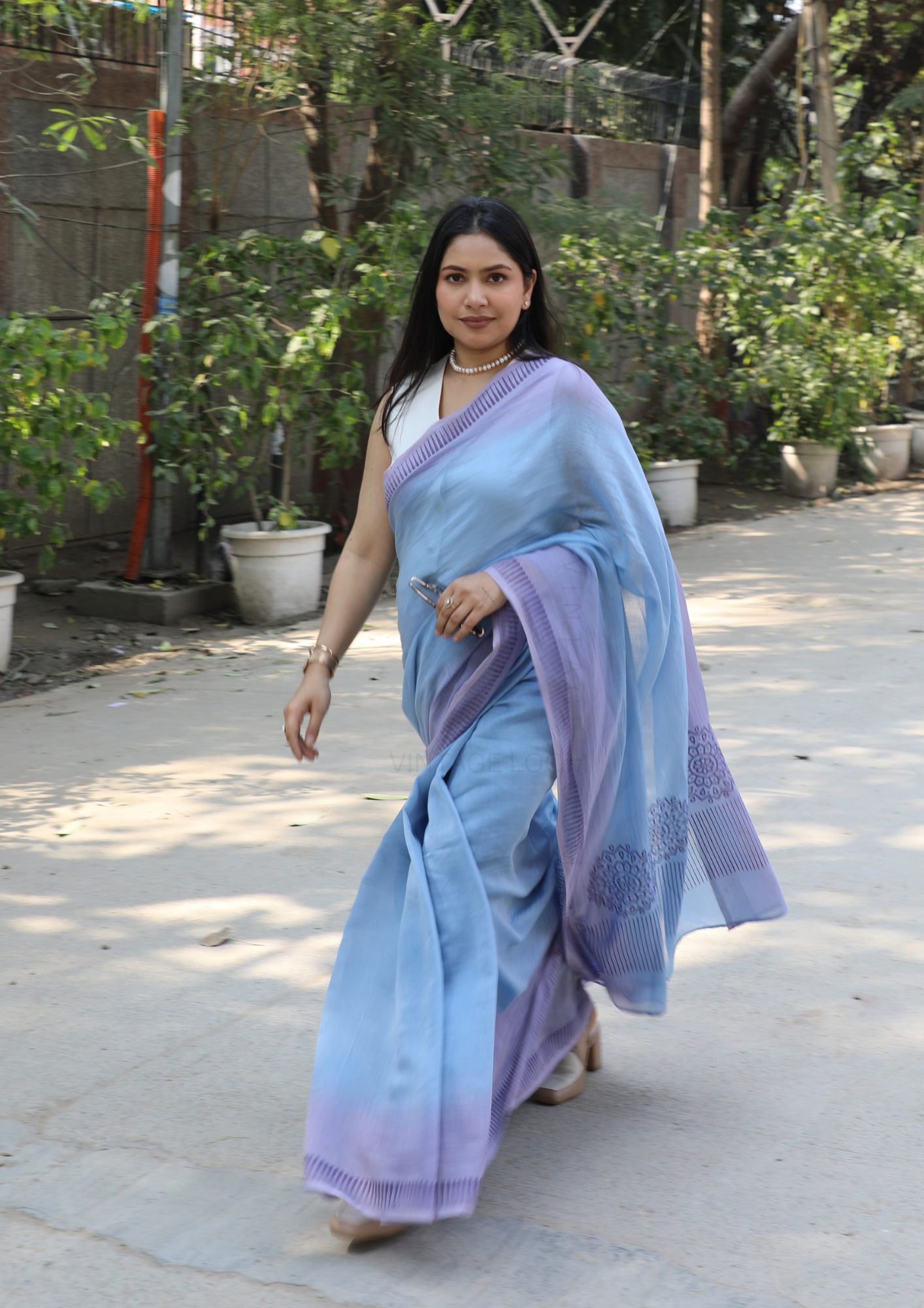 Periwinkle Blue Chanderi Silk Hand-block Printed Saree
