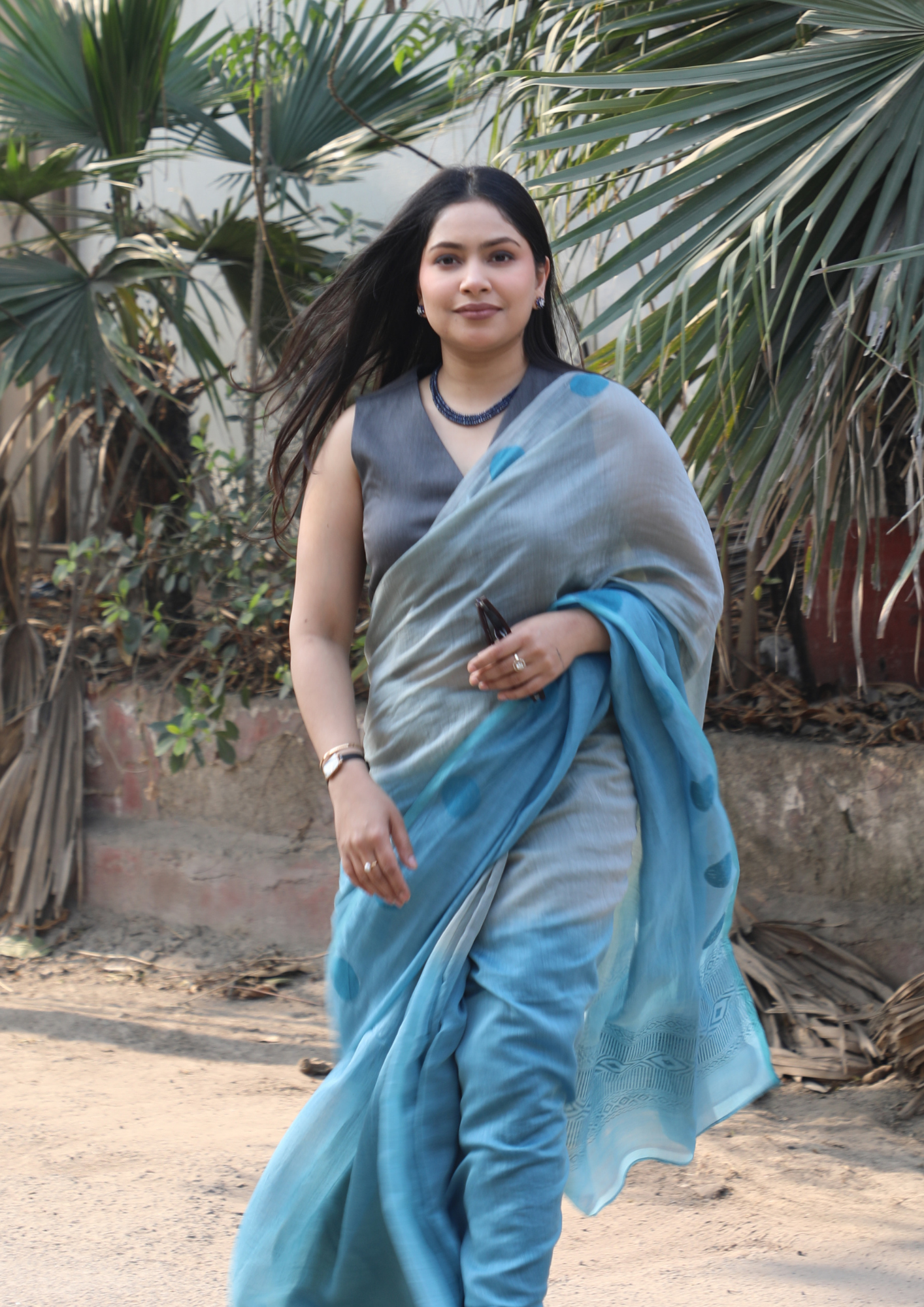 Smokey Teal Chanderi Silk Hand-block Printed Saree