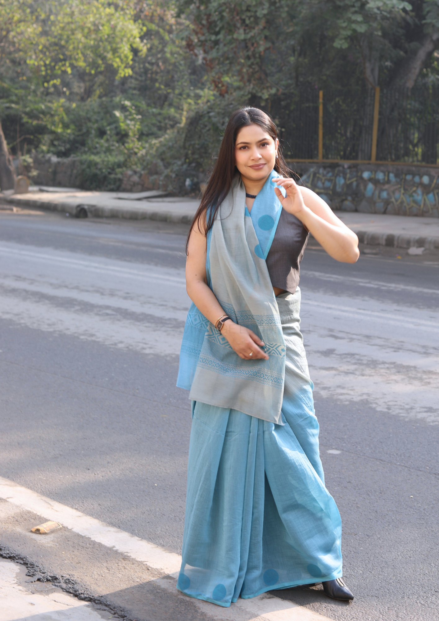 Smokey Teal Chanderi Silk Hand-block Printed Saree