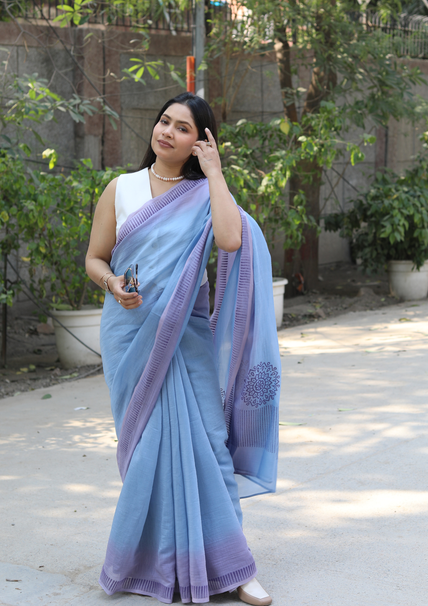 Periwinkle Blue Chanderi Silk Hand-block Printed Saree
