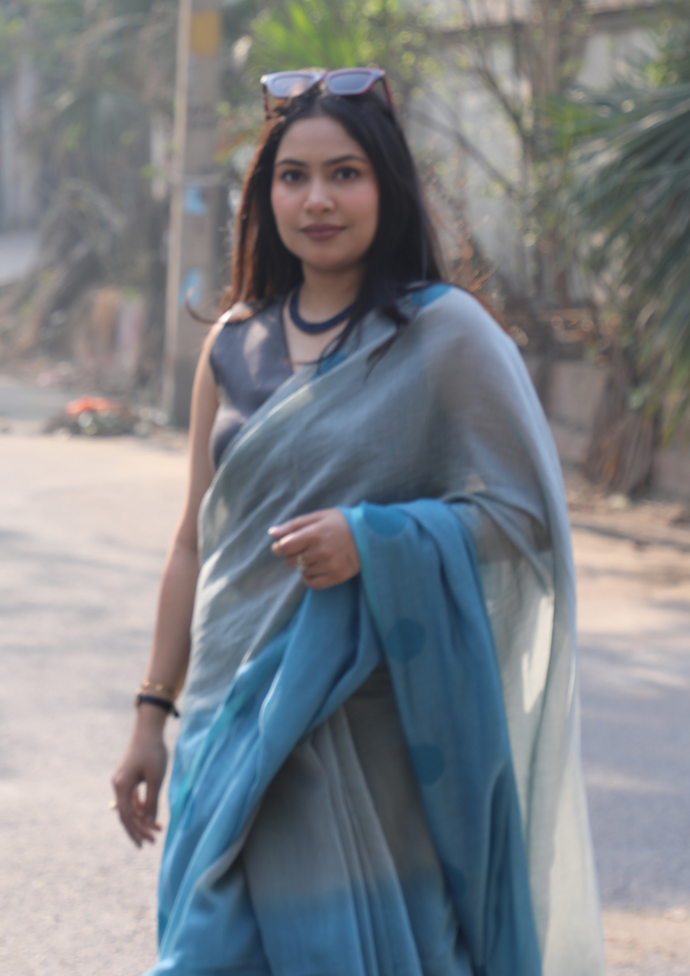Smokey Teal Chanderi Silk Hand-block Printed Saree