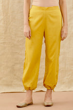 Load image into Gallery viewer, Set Of Two Yellow Embroidered Chanderi Straight Kurta With Embroidered Pull String Pant