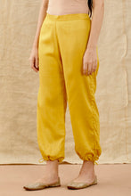 Load image into Gallery viewer, Set Of Two Yellow Embroidered Chanderi Flared Kurta With Embroidered Pull String Pant
