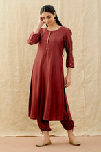 Load image into Gallery viewer, Set Of Three Brown Embroidered Chanderi Straight Kurta With Pull String Pant And Kota Doria Dupatta