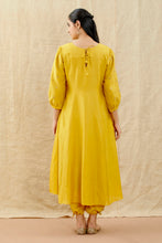 Load image into Gallery viewer, Set Of Three Yellow Embroidered Chanderi Flared Kurta With Pull String Pant And Kota Doria Dupatta