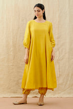 Load image into Gallery viewer, Set Of Two Yellow Embroidered Chanderi Flared Kurta With Embroidered Pull String Pant