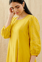 Load image into Gallery viewer, Set Of Three Yellow Embroidered Chanderi Flared Kurta With Pull String Pant And Kota Doria Dupatta