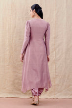 Load image into Gallery viewer, Set Of Three Mauve Embroidered Chanderi Flared Kurta With Pull String Pant And Kota Doria Dupatta