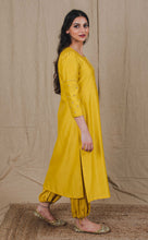 Load image into Gallery viewer, Set Of Two Mustard Embroidered Chanderi Straight Kurta With Mustard Embroidered Pull String Pant