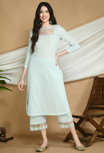 Load image into Gallery viewer, Powder Blue Self Striped Cotton Kurta and Pants.
