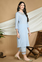 Load image into Gallery viewer, Frost Blue Self Striped Cotton Kurta and Pants.
