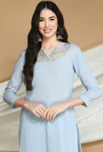 Load image into Gallery viewer, Frost Blue Self Striped Cotton Kurta and Pants.
