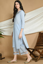 Load image into Gallery viewer, Frost Blue Self Striped Cotton Kurta and Pants.
