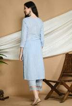Load image into Gallery viewer, Frost Blue Self Striped Cotton Kurta and Pants.
