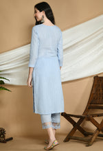Load image into Gallery viewer, Frost Blue Self Striped Cotton Kurta and Pants.
