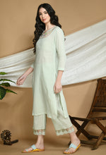 Load image into Gallery viewer, Powder Green Self Striped Cotton Kurta and Pants.
