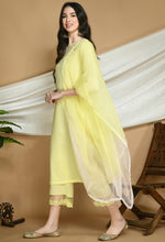 Load image into Gallery viewer, Yellow Self Striped Cotton Kurta Pants Set with Organza Stole