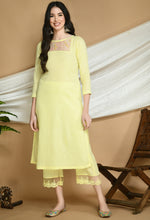 Load image into Gallery viewer, Yellow Self Striped Cotton Kurta Pants Set with Organza Stole
